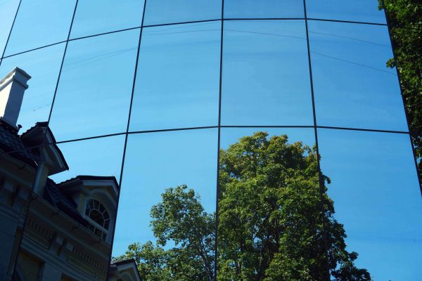 photo of a reflective window film in a facade