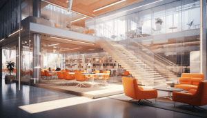 An orange office with organge chairs and frosted window film glass.
