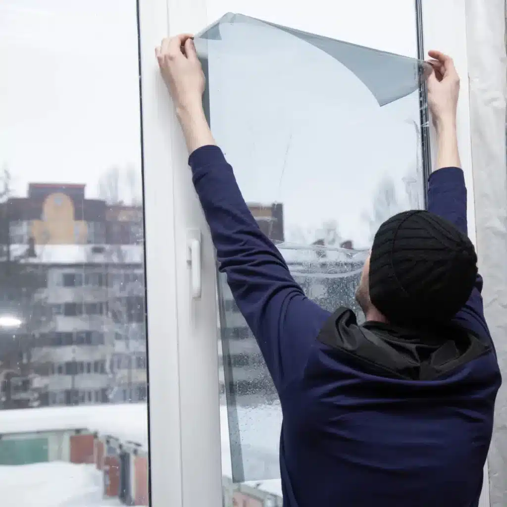 Person installing safety window film on a large window, ensuring protection against shattering and enhancing security