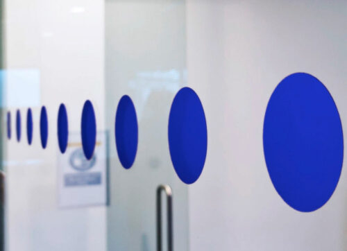 Close-up view of a glass door featuring a row of evenly spaced blue vinyl safety dots. The image captures the dots in perspective, highlighting their placement and visibility against the clear glass in a modern office setting.